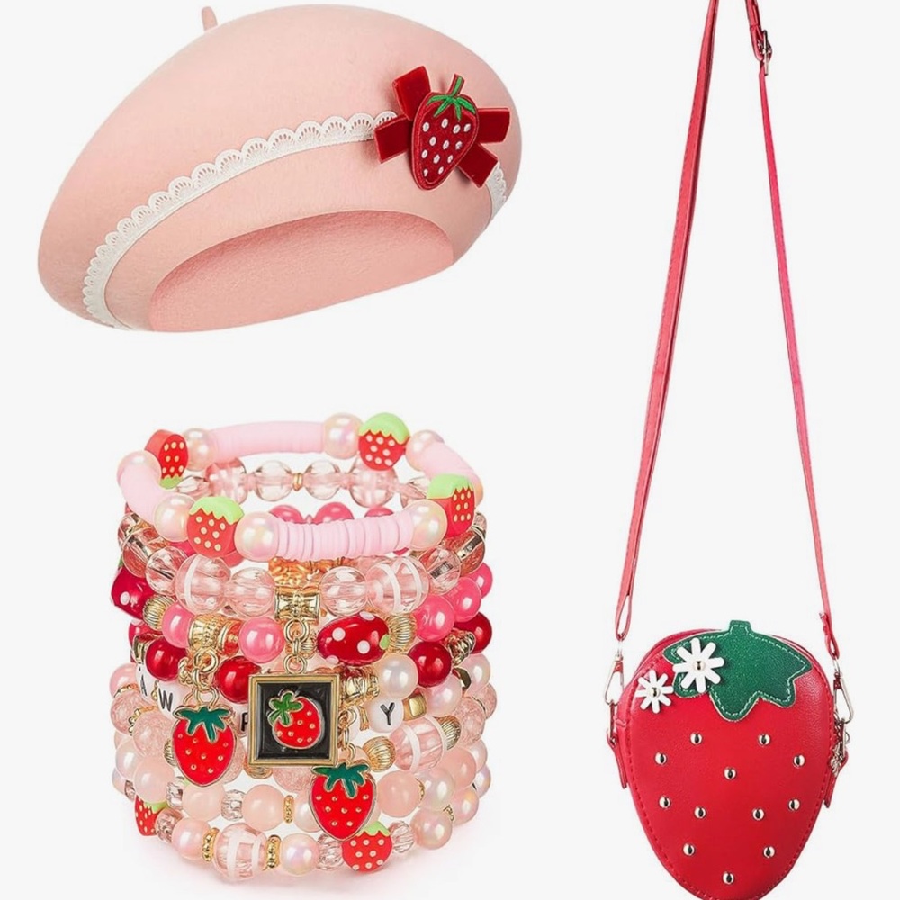 Strawberry Costume Accessories- Beret Hat, Purse/Bag and Bracelets Set